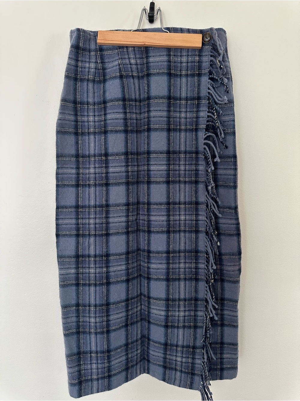 Woolrich Blue Plaid Fringe Wrap Midi Skirt